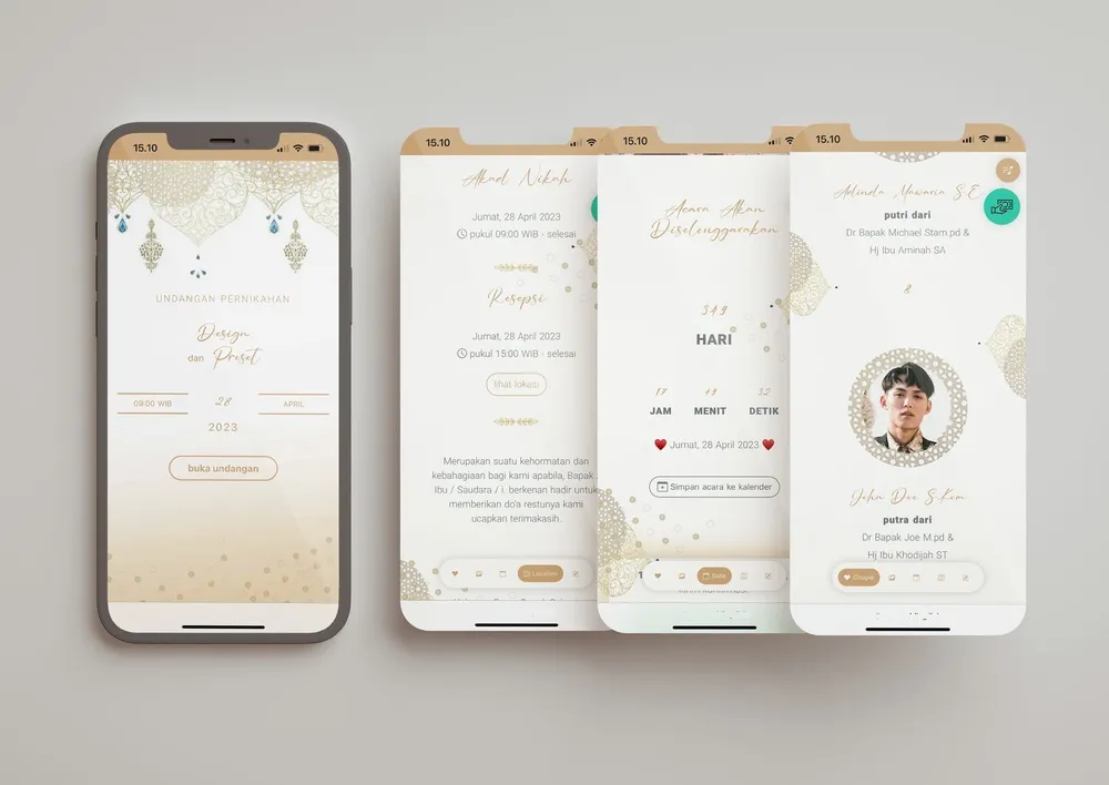 Tampilan desain undangan Arabian Gold Pattern di beberapa layar ponsel