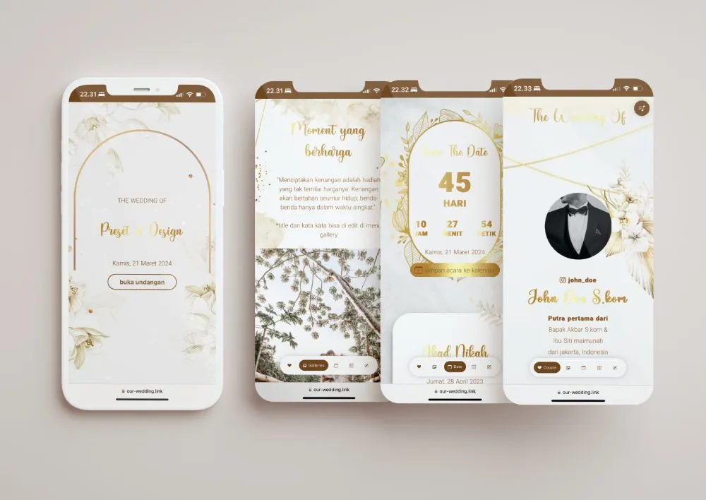 Tampilan desain undangan Flowring White di beberapa layar ponsel