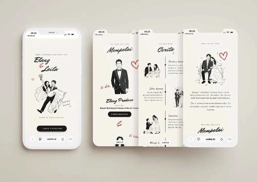 Tampilan desain undangan love line di beberapa layar ponsel