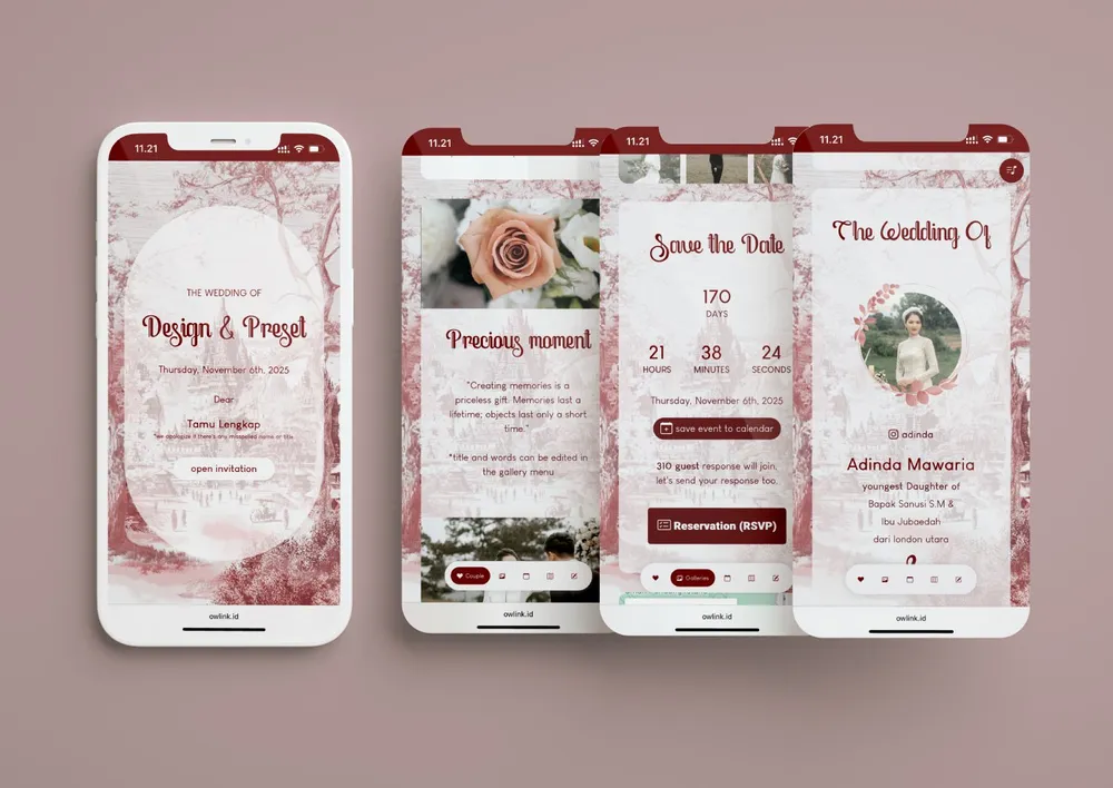 Tampilan desain undangan Basic Jawa di beberapa layar ponsel