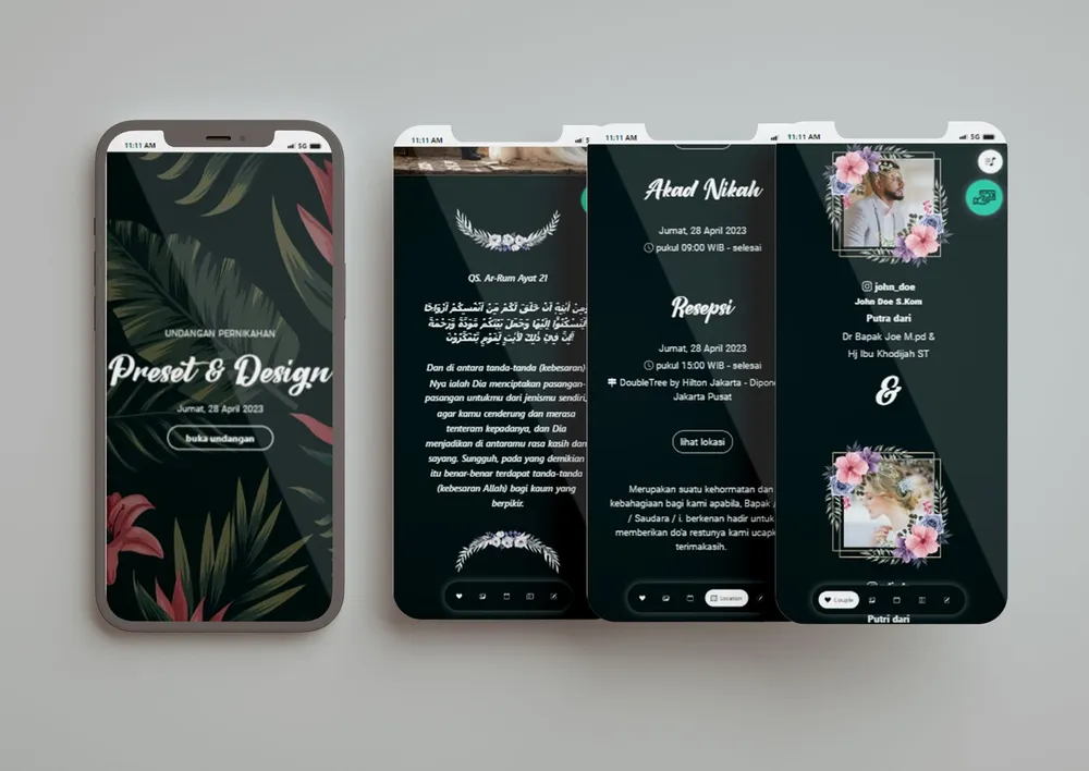 Tampilan desain undangan Dark Flower di beberapa layar ponsel