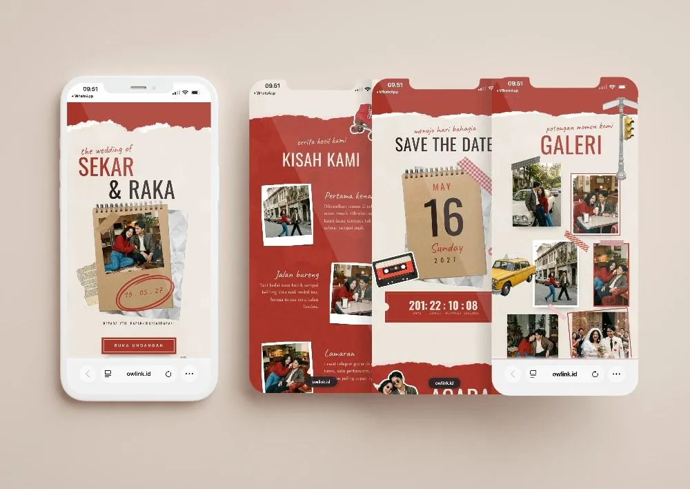 Tampilan desain undangan Kliping Asmara di beberapa layar ponsel