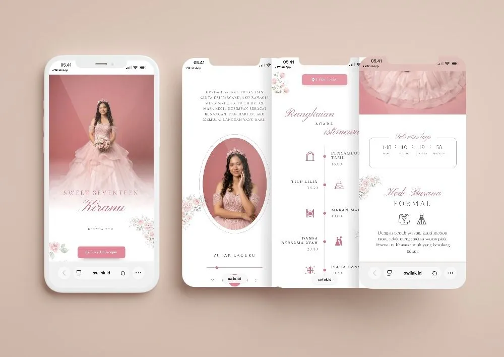 Tampilan desain undangan Seventeen in Bloom di beberapa layar ponsel
