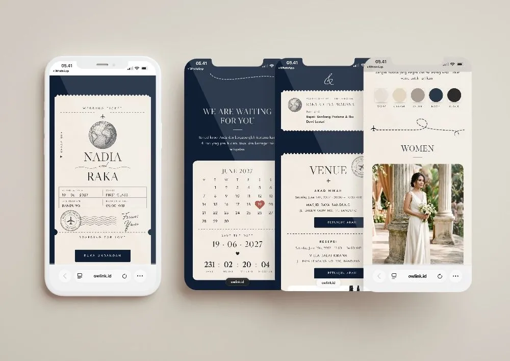 Tampilan desain undangan First Class Vows di beberapa layar ponsel