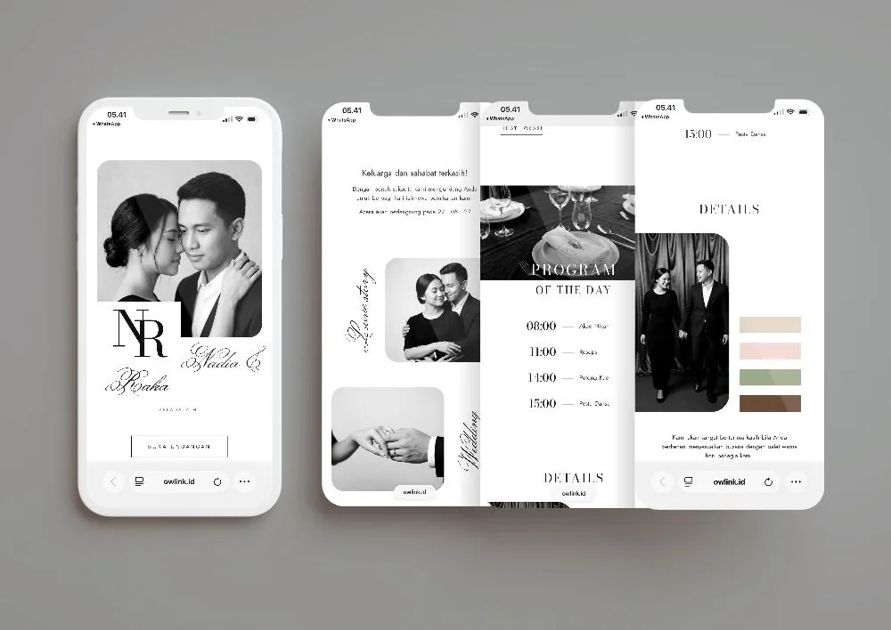 Tampilan desain undangan Silver Gelatin di beberapa layar ponsel