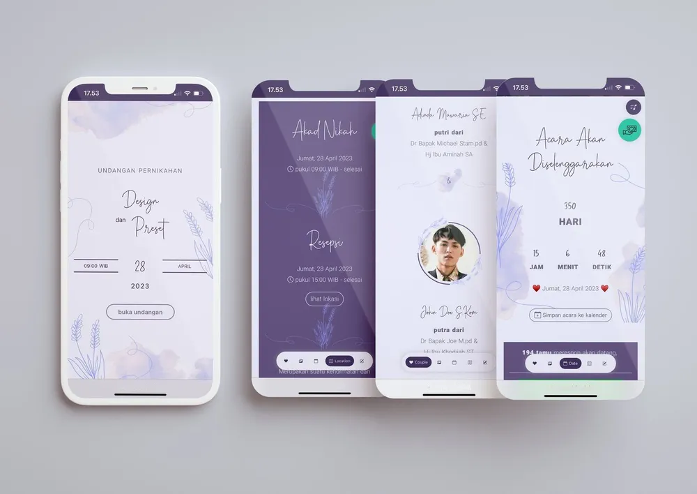Tampilan desain undangan Romantic Purple di beberapa layar ponsel