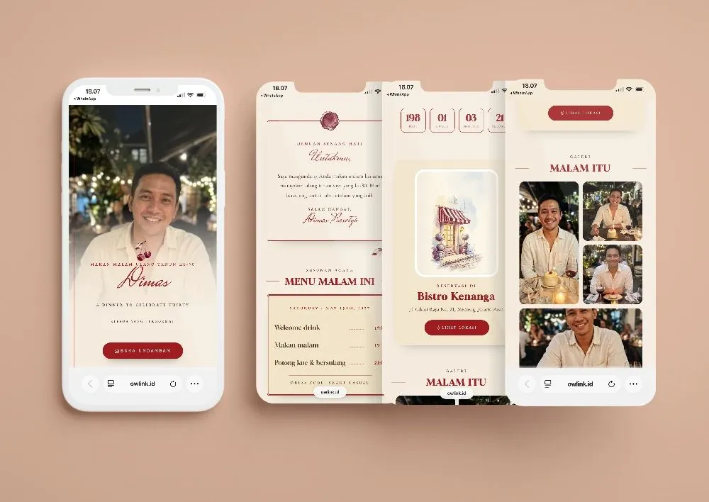 Tampilan desain undangan Makan Malam Ceri di beberapa layar ponsel