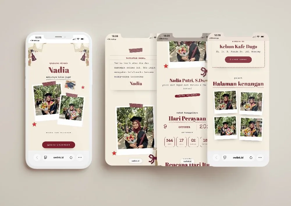 Tampilan desain undangan Buku Tahunan di beberapa layar ponsel