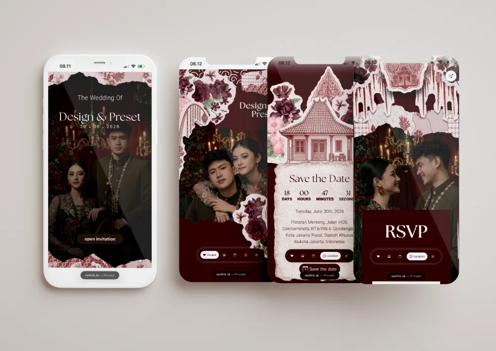 Tampilan desain undangan Javenese Dreamy Maroon di beberapa layar ponsel