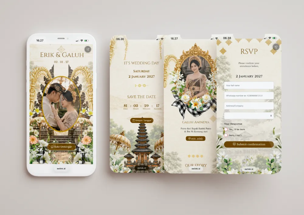 Tampilan desain undangan The Balinese Heritage di beberapa layar ponsel
