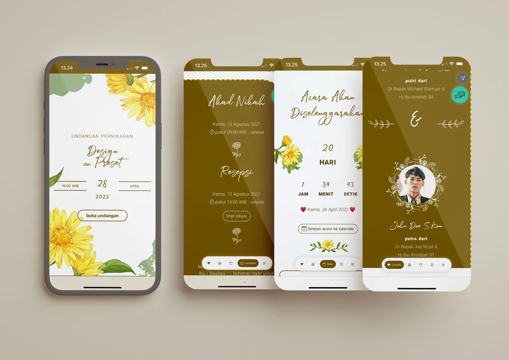Tampilan desain undangan Yellow Watercolor di beberapa layar ponsel
