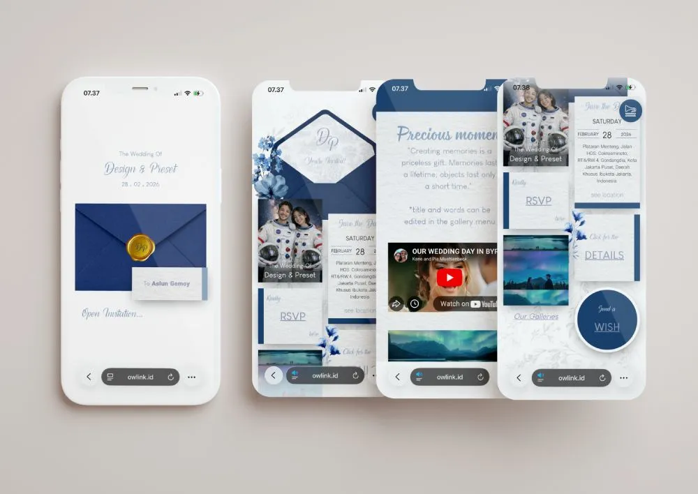 Tampilan desain undangan One Simple Navy di beberapa layar ponsel