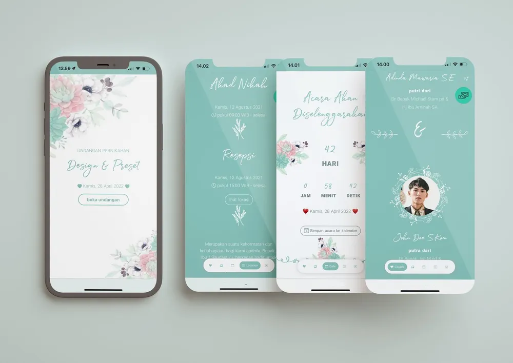 Tampilan desain undangan Aesthetic Tosca Flower di beberapa layar ponsel