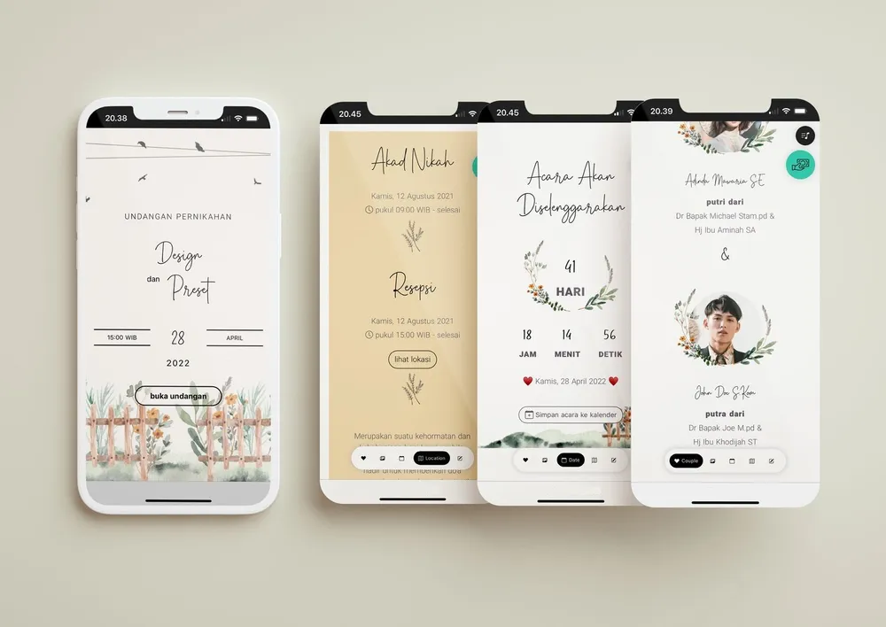 Tampilan desain undangan Garden Watercolor di beberapa layar ponsel