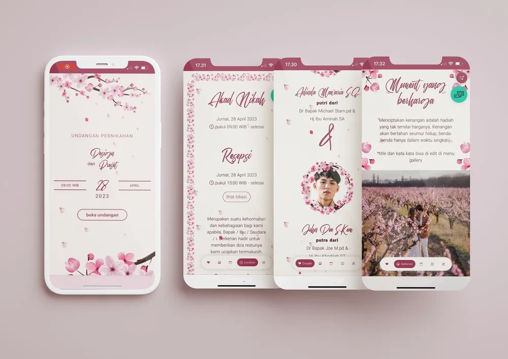 Tampilan desain undangan Sakura in japan di beberapa layar ponsel