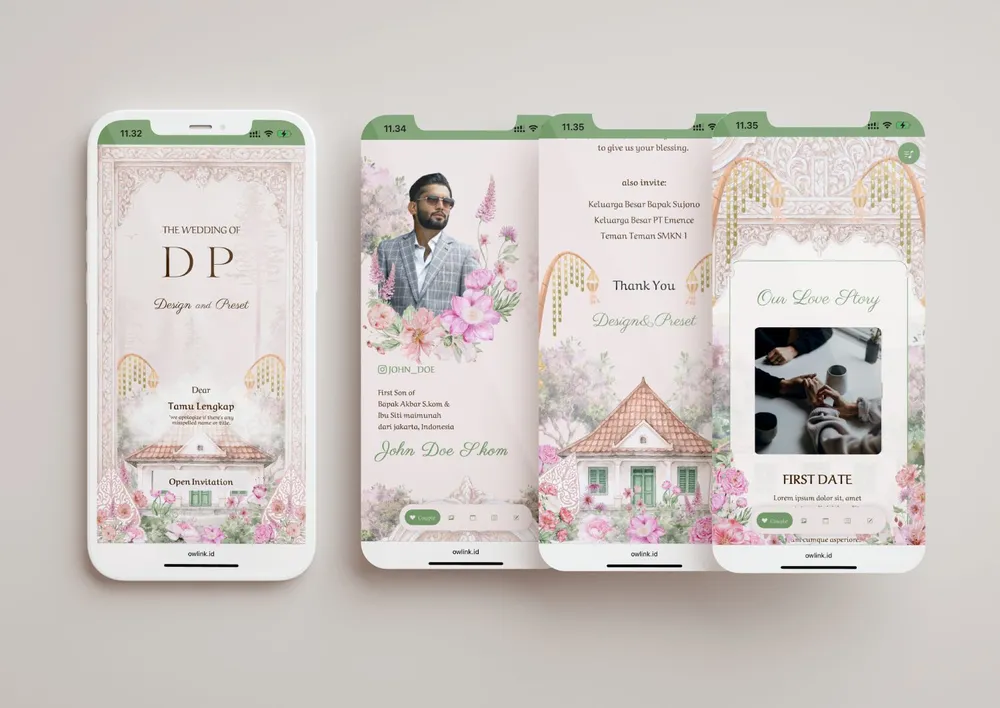 Tampilan desain undangan Javanese Watercolor di beberapa layar ponsel