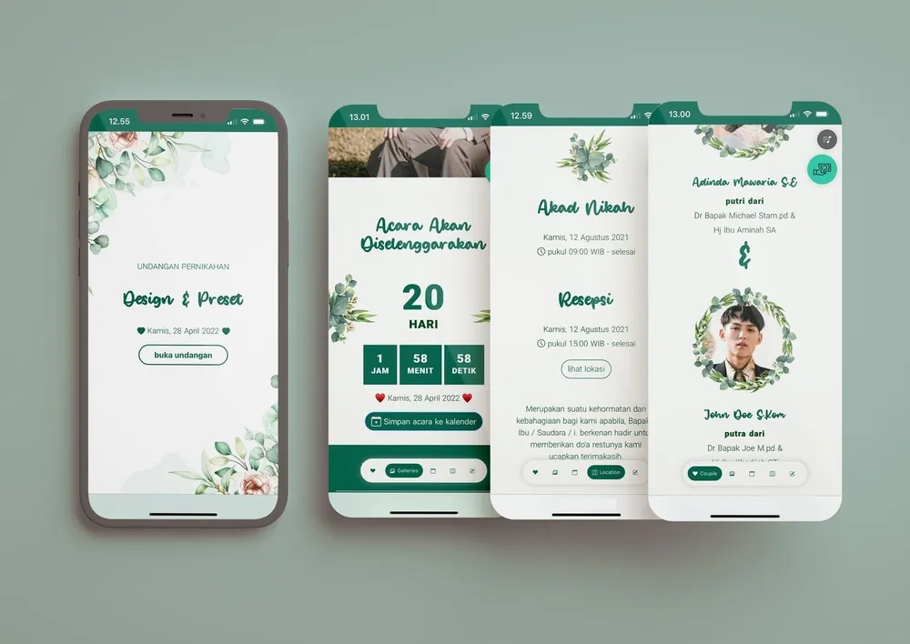 Tampilan desain undangan Ecalyptus di beberapa layar ponsel