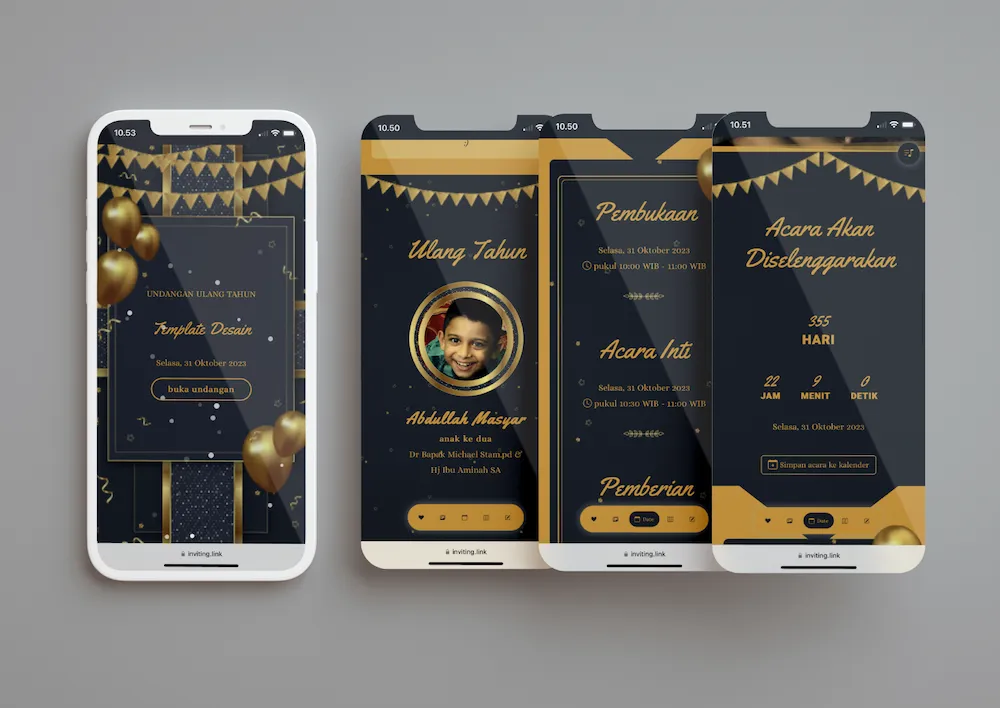 Tampilan desain undangan Navy Gold For Birthday di beberapa layar ponsel