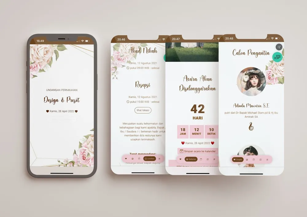 Tampilan desain undangan Elegant Rose di beberapa layar ponsel