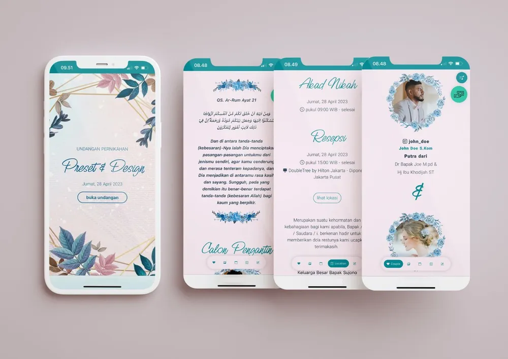 Tampilan desain undangan Nice Flower di beberapa layar ponsel