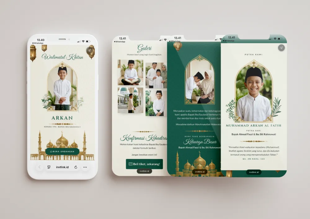 Tampilan desain undangan Lentera Zamrud di beberapa layar ponsel