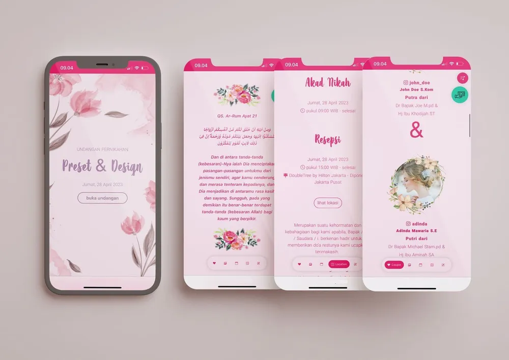 Tampilan desain undangan Pink Rose Gold di beberapa layar ponsel