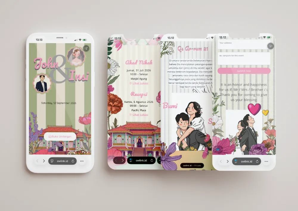 Tampilan desain undangan Playful Playdate di beberapa layar ponsel