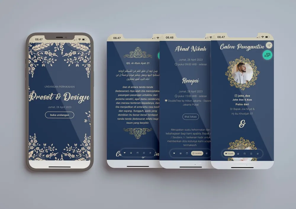 Tampilan desain undangan FLorar Dark Blue di beberapa layar ponsel