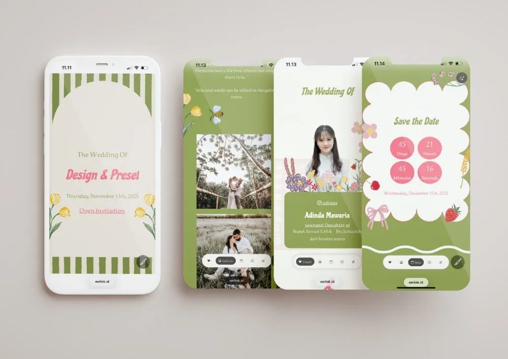 Tampilan desain undangan Enjoy in Timeless di beberapa layar ponsel