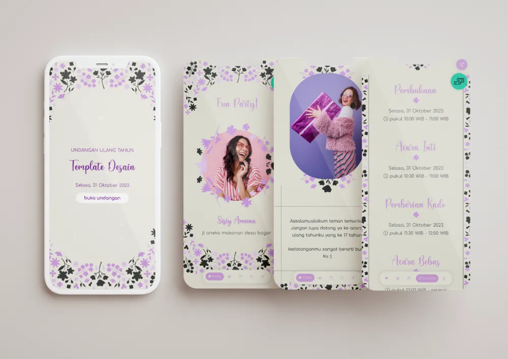 Tampilan desain undangan Purple Black Vintage di beberapa layar ponsel