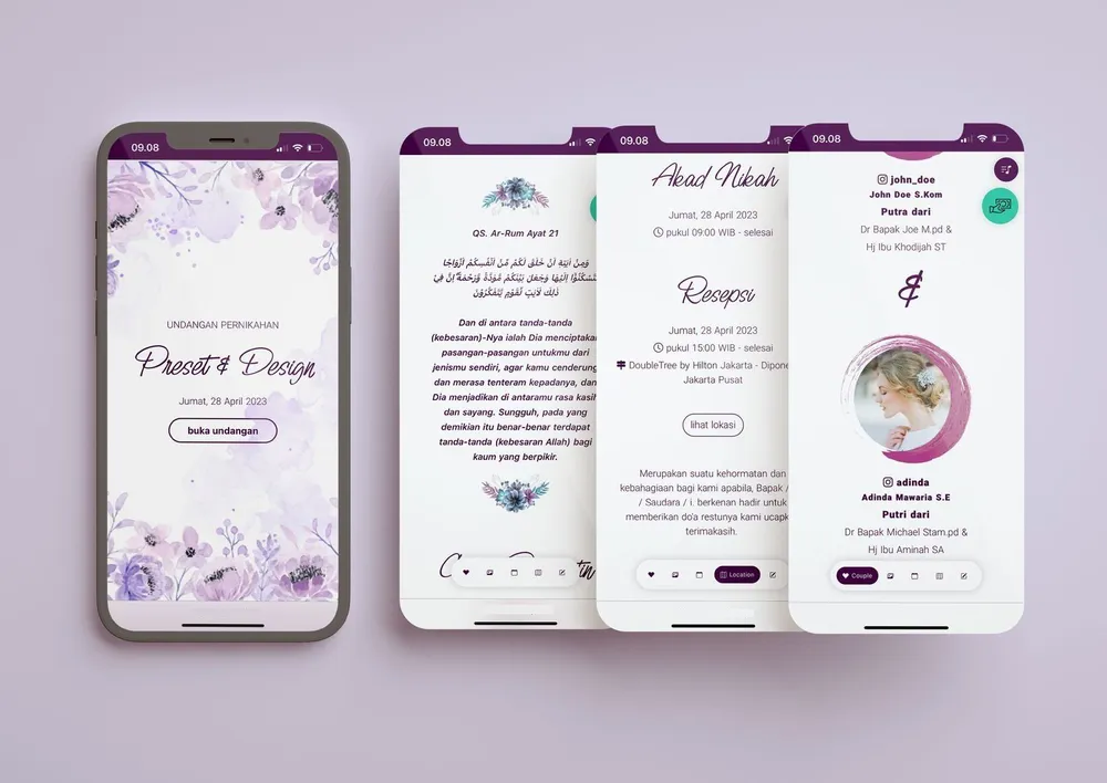 Tampilan desain undangan purple leaves di beberapa layar ponsel