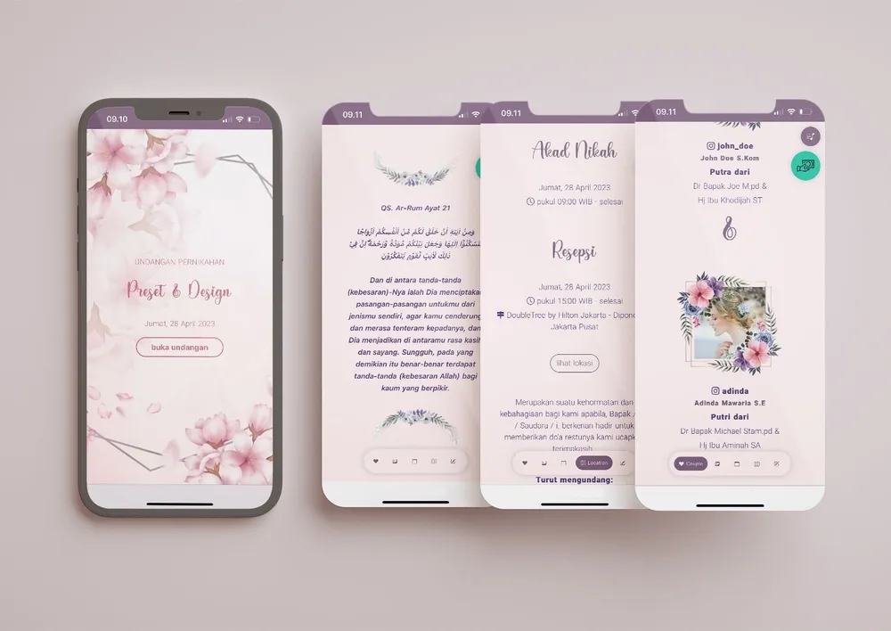 Tampilan desain undangan Pink Flower di beberapa layar ponsel