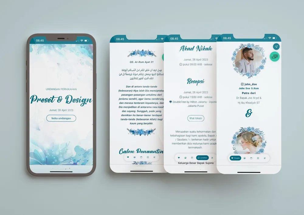 Tampilan desain undangan Tosca Flower di beberapa layar ponsel