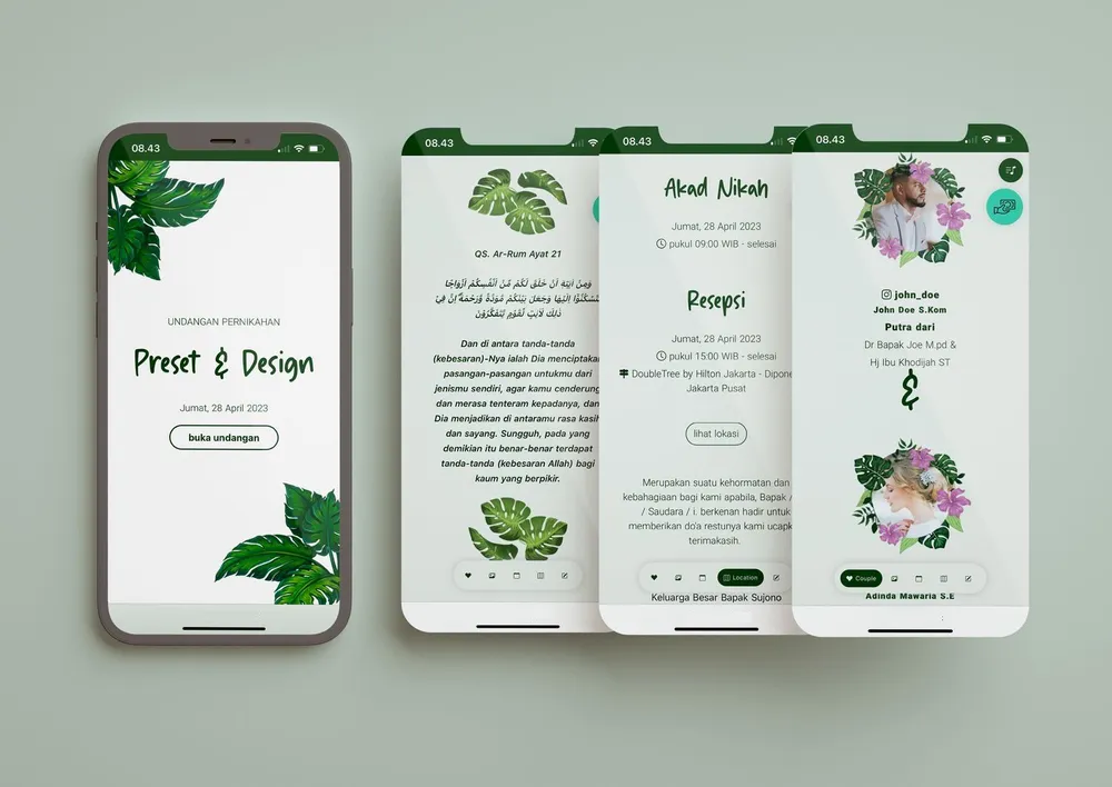 Tampilan desain undangan Tropical di beberapa layar ponsel