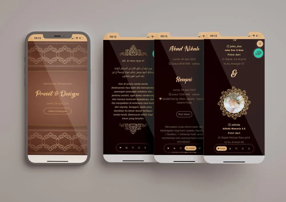 Tampilan desain undangan traditional di beberapa layar ponsel