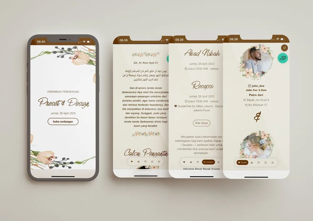 Tampilan desain undangan Brown Flower di beberapa layar ponsel