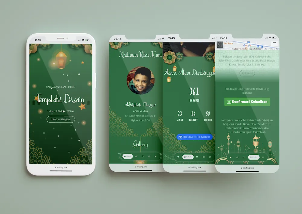 Tampilan desain undangan Islamic Green di beberapa layar ponsel