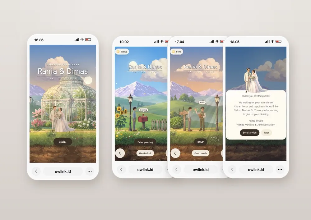 Tampilan desain undangan Painted Game World di beberapa layar ponsel