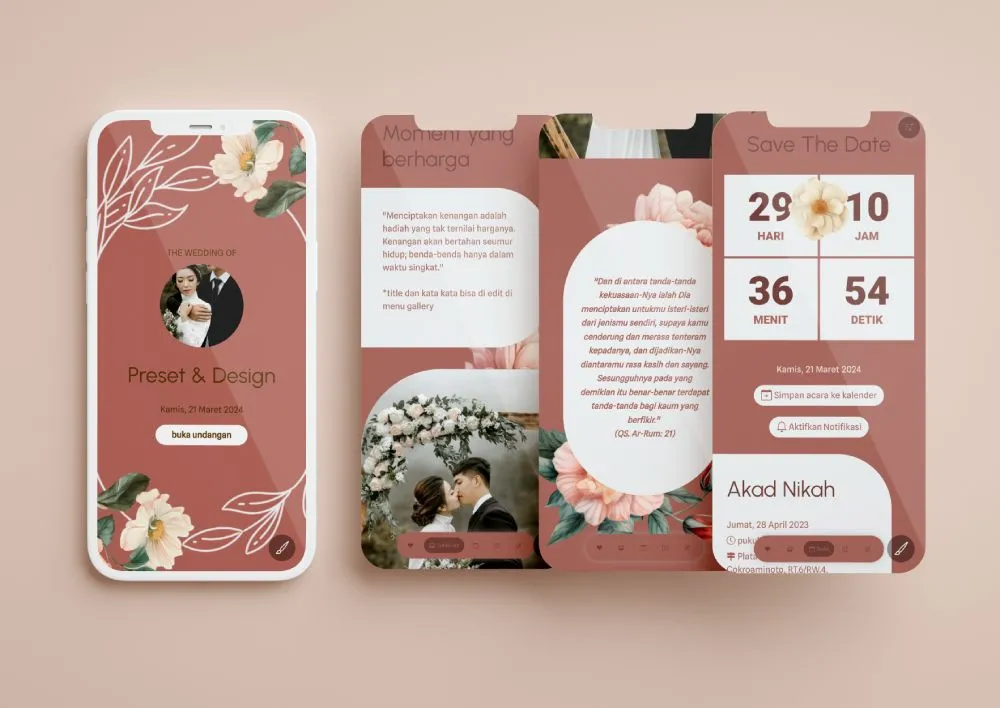 Tampilan desain undangan Old Ways Red di beberapa layar ponsel