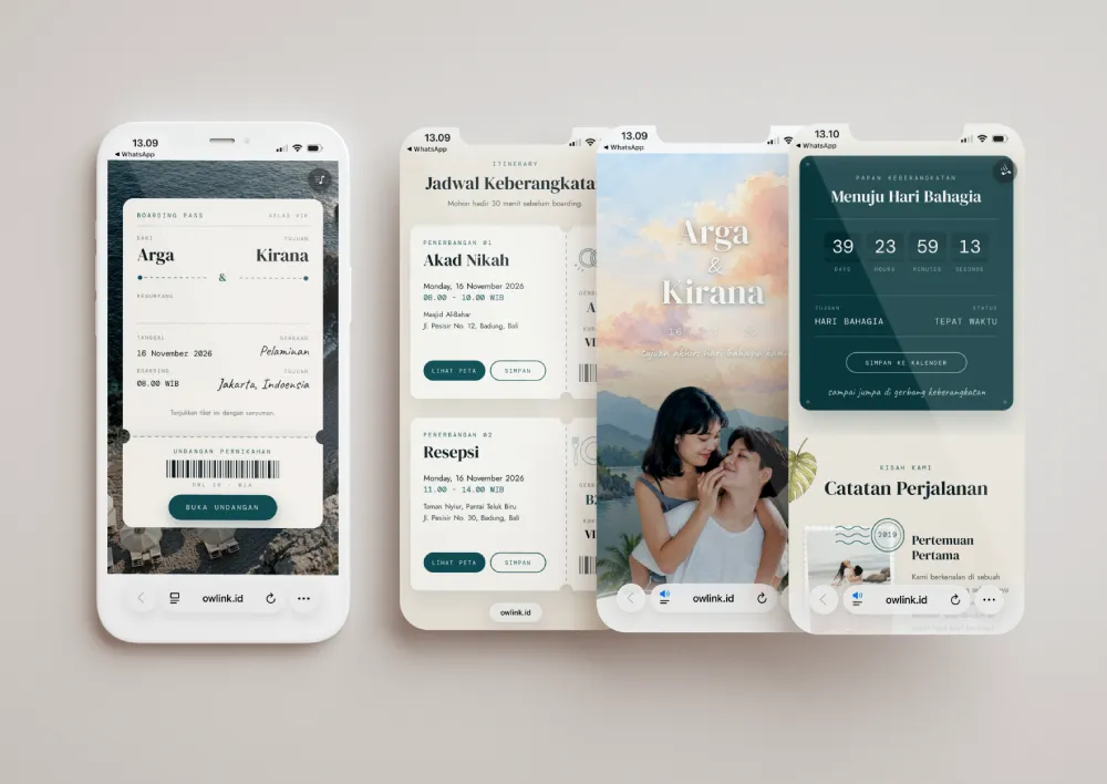 Tampilan desain undangan Boarding Pass  di beberapa layar ponsel