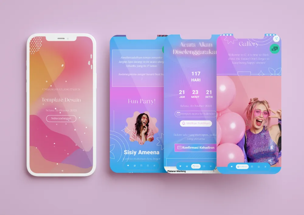 Tampilan desain undangan Colorful minimalist di beberapa layar ponsel