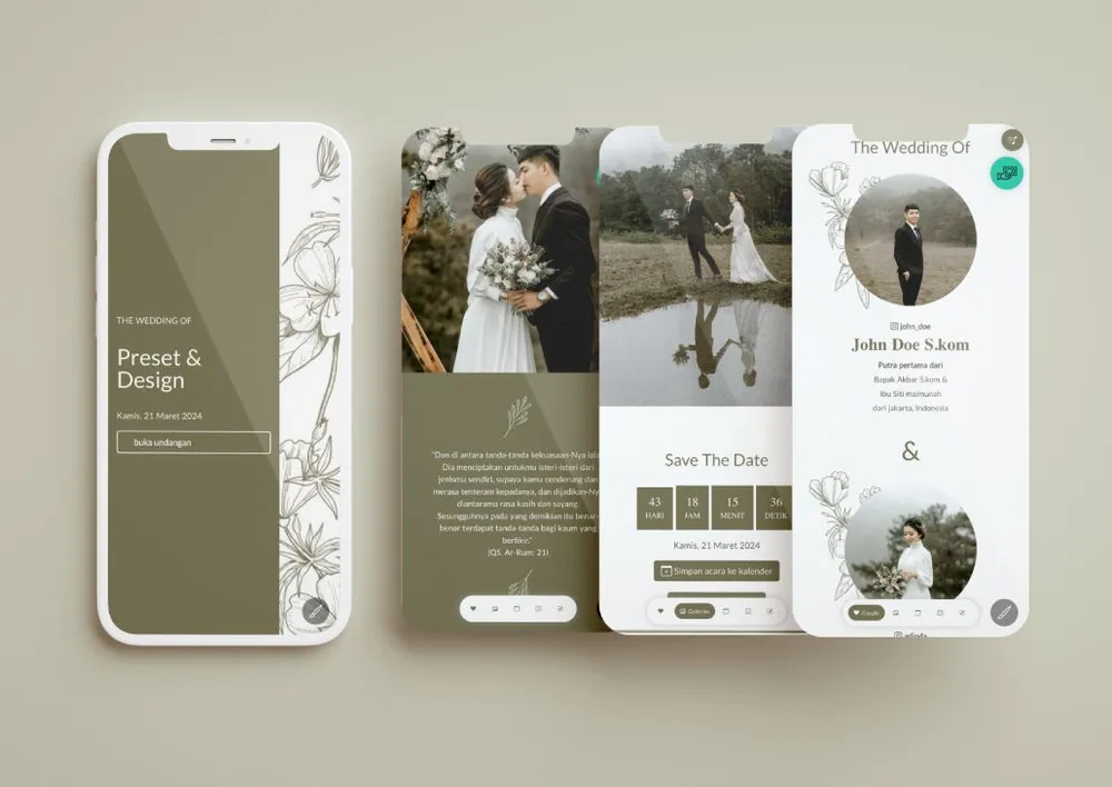 Tampilan desain undangan Olive Flowers Ornament di beberapa layar ponsel