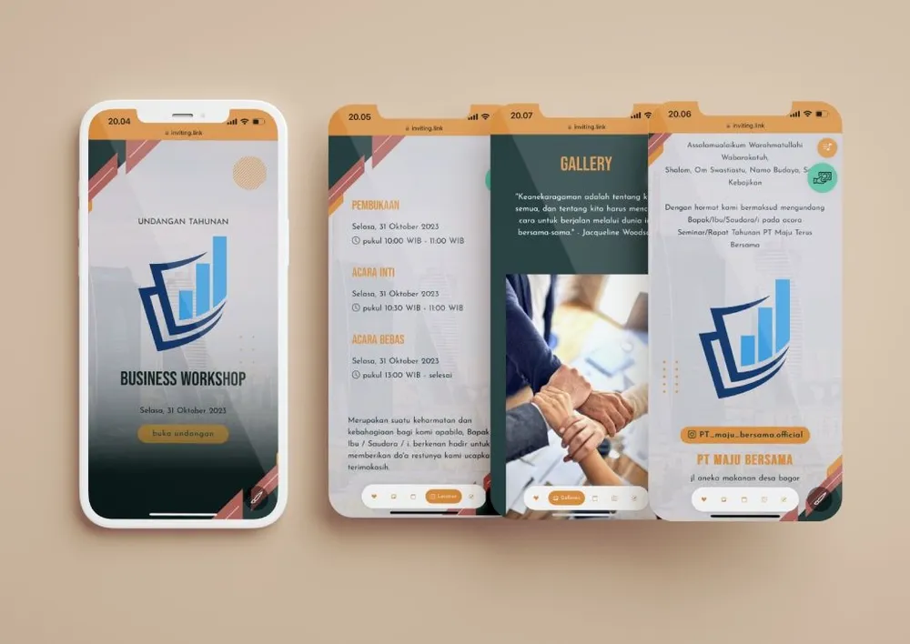 Tampilan desain undangan Modern Business di beberapa layar ponsel