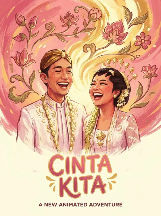Hasil tema ilustrasi: pasangan berbusana adat Jawa dalam gaya poster film animasi.