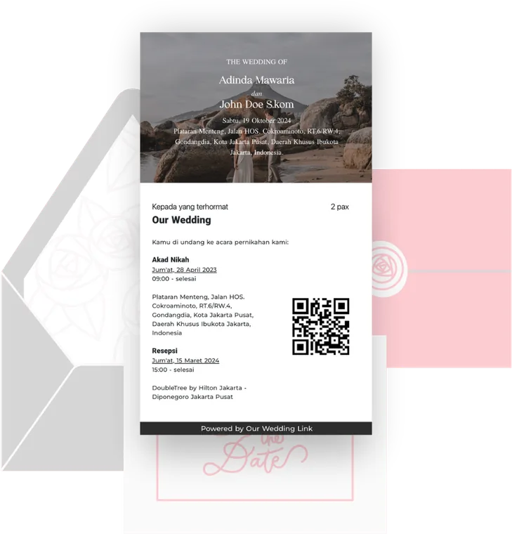 Undangan cetak dengan kartu QR code tamu di dalam amplop.