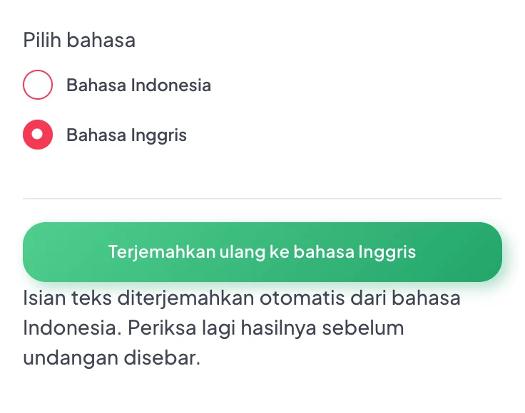Potongan layar asli Pilih bahasa: bahasa Indonesia atau Inggris, dengan tombol terjemahkan ulang.