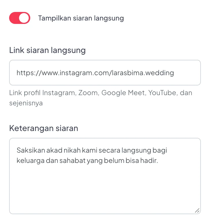 Potongan layar asli Siaran langsung: link siaran dan keterangan untuk tamu.
